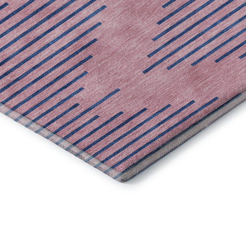 8' Pink And Navy Blue Geometric Washable Round Rug With UV Protection