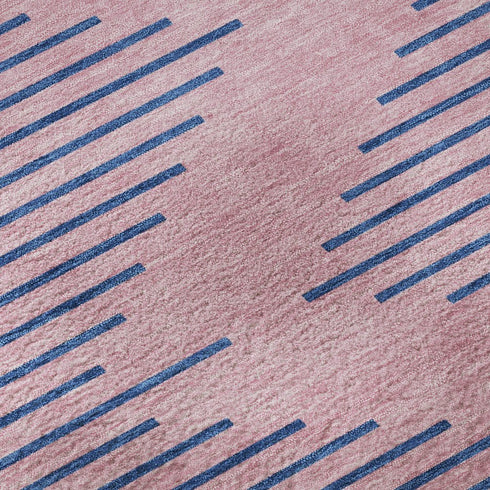 8' Pink And Navy Blue Geometric Washable Round Rug With UV Protection