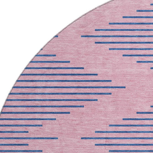 8' Pink And Navy Blue Geometric Washable Round Rug With UV Protection