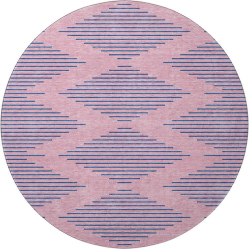 8' Pink And Navy Blue Geometric Washable Round Rug With UV Protection