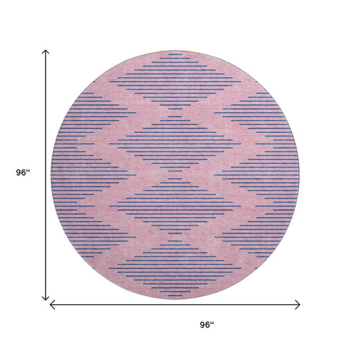 8' Pink And Navy Blue Geometric Washable Round Rug With UV Protection