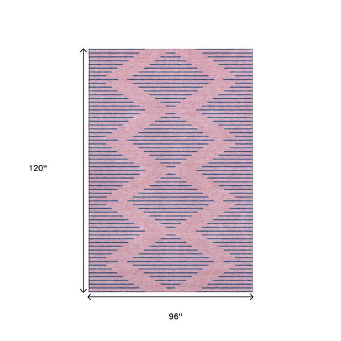 8' X 10' Pink And Navy Blue Geometric Washable Area Rug With UV Protection