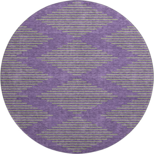 8' Purple And Lime Green Geometric Washable Round Rug With UV Protection