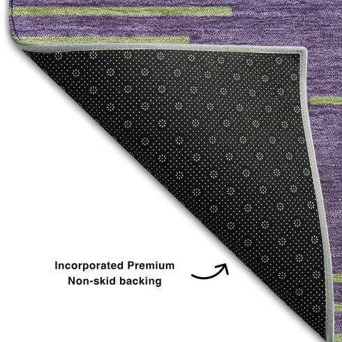 8' Purple And Lime Green Geometric Washable Round Rug With UV Protection