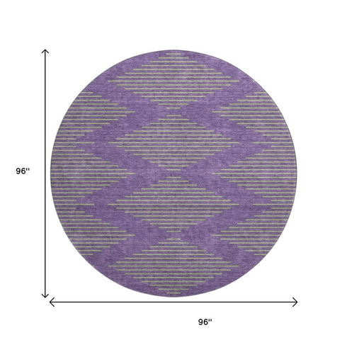 8' Purple And Lime Green Geometric Washable Round Rug With UV Protection