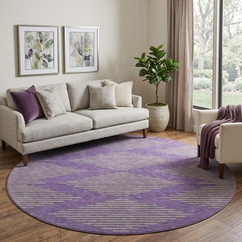 8' Purple And Lime Green Geometric Washable Round Rug With UV Protection