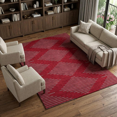 8' X 10' Red And Gray Geometric Washable Area Rug With UV Protection