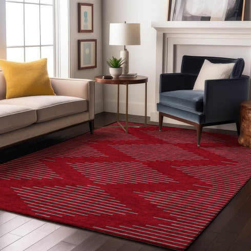 8' X 10' Red And Gray Geometric Washable Area Rug With UV Protection