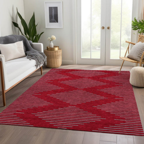 8' X 10' Red And Gray Geometric Washable Area Rug With UV Protection
