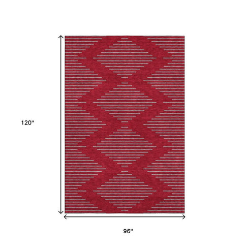 8' X 10' Red And Gray Geometric Washable Area Rug With UV Protection
