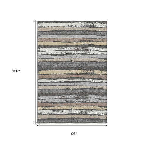 8' X 10' Charcoal Gray And Beige Striped Washable Area Rug With UV Protection