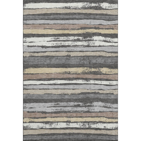 8' X 10' Charcoal Gray And Beige Striped Washable Area Rug With UV Protection