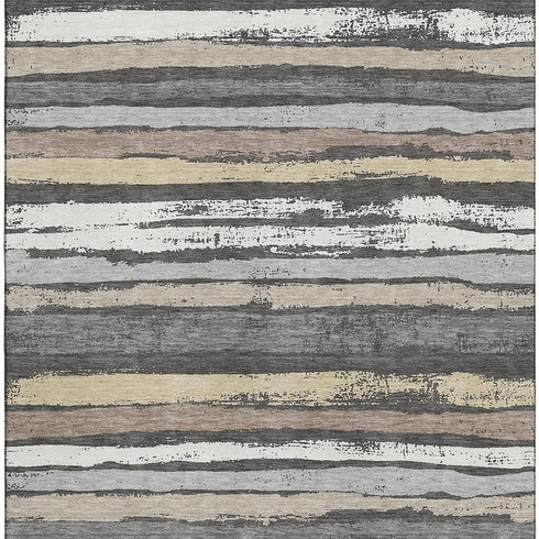 8' X 10' Charcoal Gray And Beige Striped Washable Area Rug With UV Protection