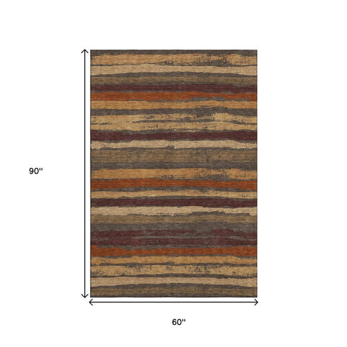 5' X 8' Chocolate Gold And Burgundy Striped Washable Area Rug With UV Protection