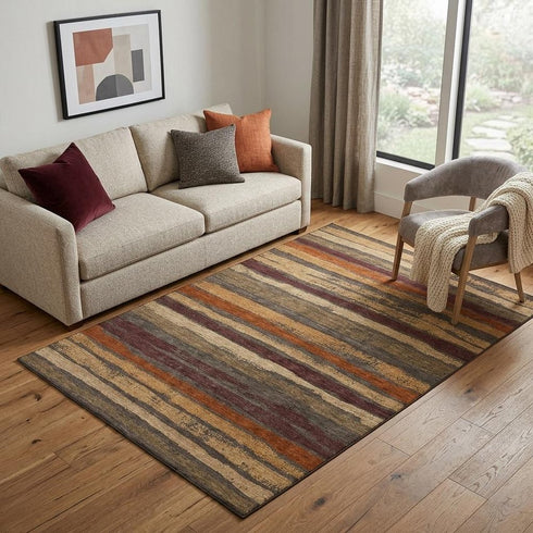 5' X 8' Chocolate Gold And Burgundy Striped Washable Area Rug With UV Protection