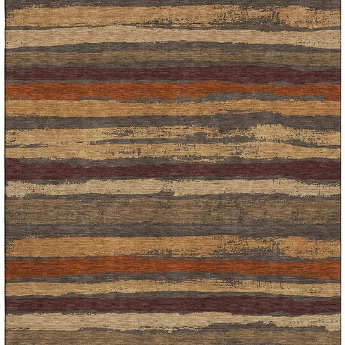 5' X 8' Chocolate Gold And Burgundy Striped Washable Area Rug With UV Protection