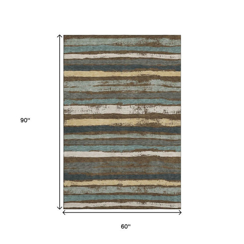 5' X 8' Brown Gold And Ivory Striped Washable Area Rug With UV Protection