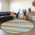 8' Sky Blue Orange And Ivory Striped Washable Round Rug With UV Protection