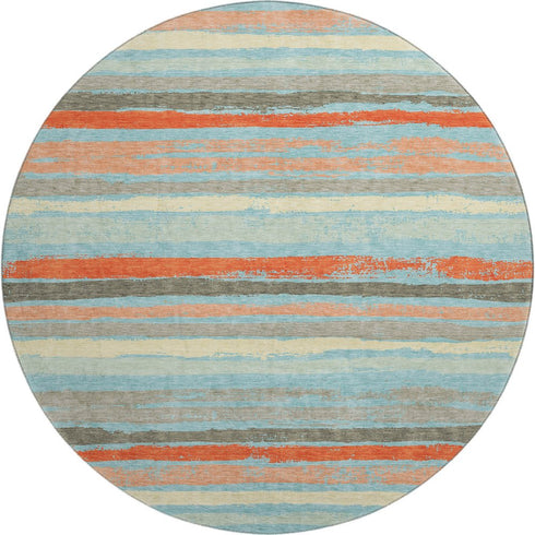 8' Sky Blue Orange And Ivory Striped Washable Round Rug With UV Protection
