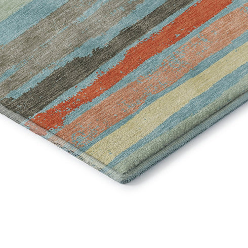 8' Sky Blue Orange And Ivory Striped Washable Round Rug With UV Protection