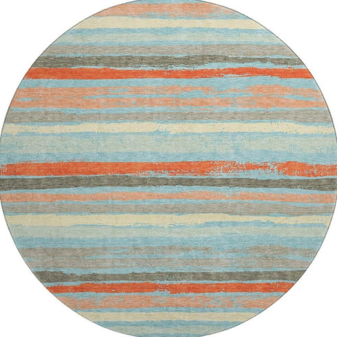 8' Sky Blue Orange And Ivory Striped Washable Round Rug With UV Protection
