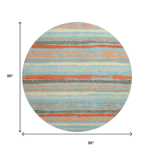 8' Sky Blue Orange And Ivory Striped Washable Round Rug With UV Protection