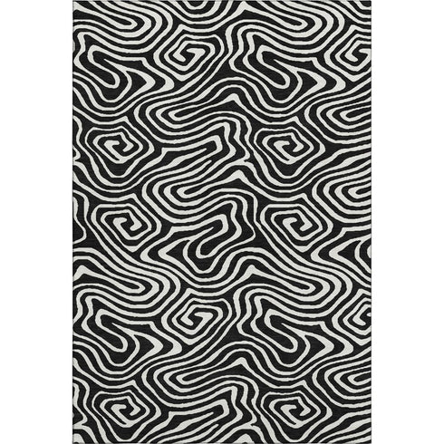 5' X 8' Black And Ivory Abstract Washable Area Rug With UV Protection