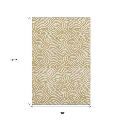 8' X 10' Gold And Ivory Abstract Washable Area Rug With UV Protection