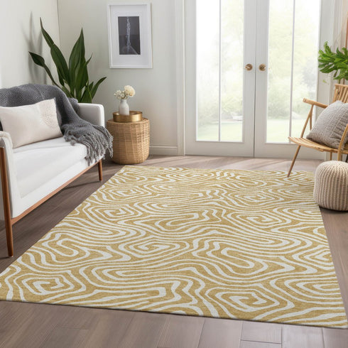 8' X 10' Gold And Ivory Abstract Washable Area Rug With UV Protection