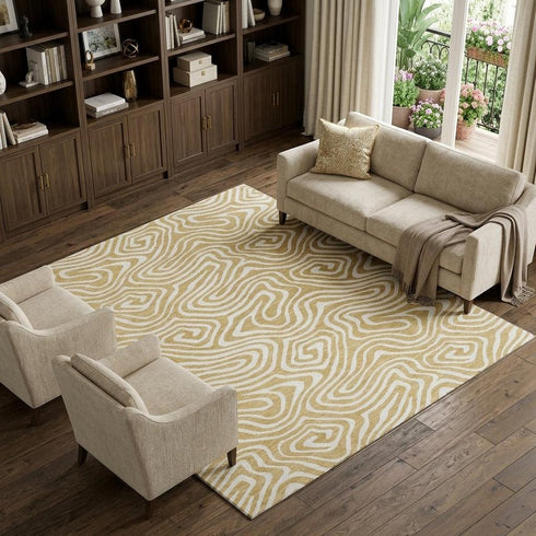 8' X 10' Gold And Ivory Abstract Washable Area Rug With UV Protection