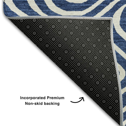 5' X 8' Navy Blue And Ivory Abstract Washable Area Rug With UV Protection