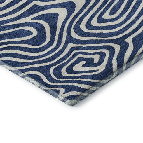 5' X 8' Navy Blue And Ivory Abstract Washable Area Rug With UV Protection