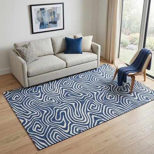 5' X 8' Navy Blue And Ivory Abstract Washable Area Rug With UV Protection