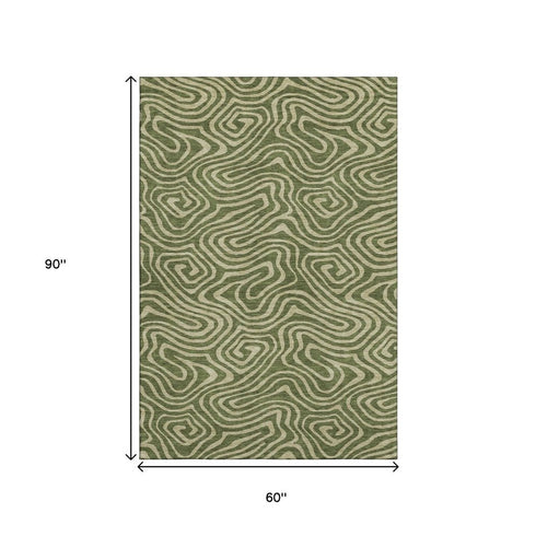 5' X 8' Olive Green And Beige Abstract Washable Area Rug With UV Protection