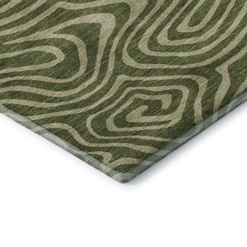 5' X 8' Olive Green And Beige Abstract Washable Area Rug With UV Protection