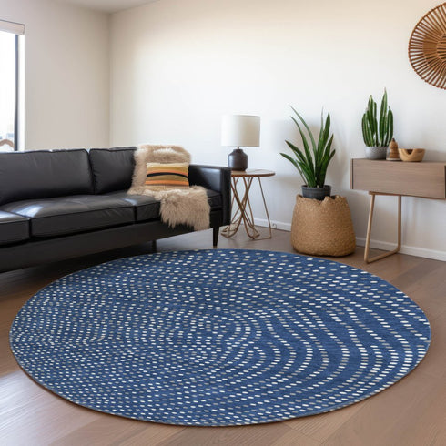 8' Navy Blue Ivory And Gray Polka Dot Washable Round Rug With UV Protection