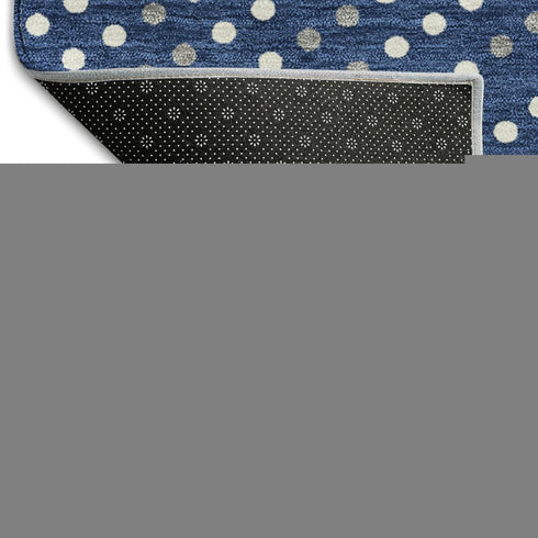 8' Navy Blue Ivory And Gray Polka Dot Washable Round Rug With UV Protection