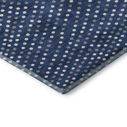 8' Navy Blue Ivory And Gray Polka Dot Washable Round Rug With UV Protection
