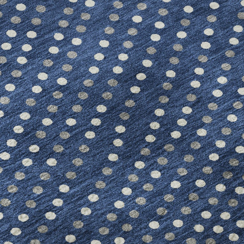 8' Navy Blue Ivory And Gray Polka Dot Washable Round Rug With UV Protection