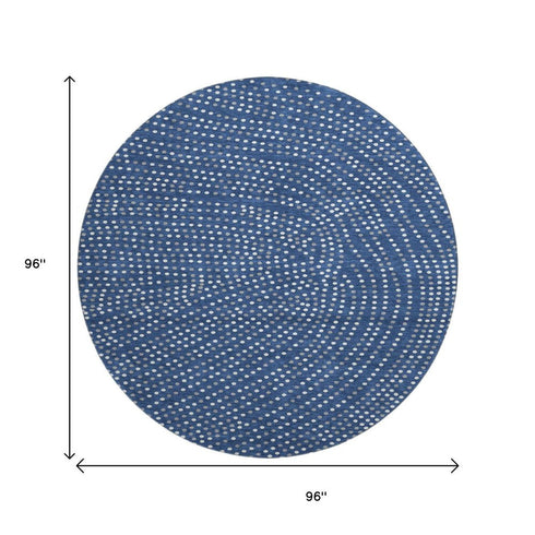 8' Navy Blue Ivory And Gray Polka Dot Washable Round Rug With UV Protection