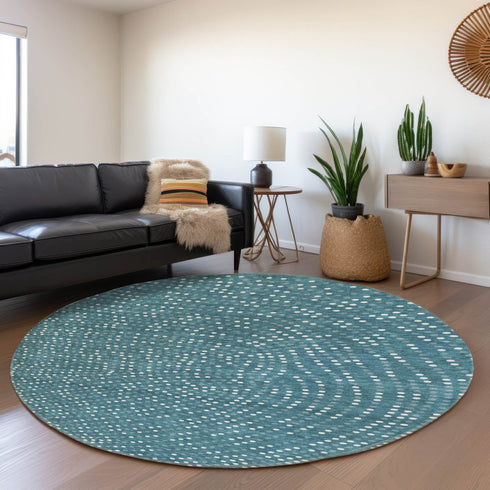 8' Teal And Ivory Polka Dot Washable Round Rug With UV Protection