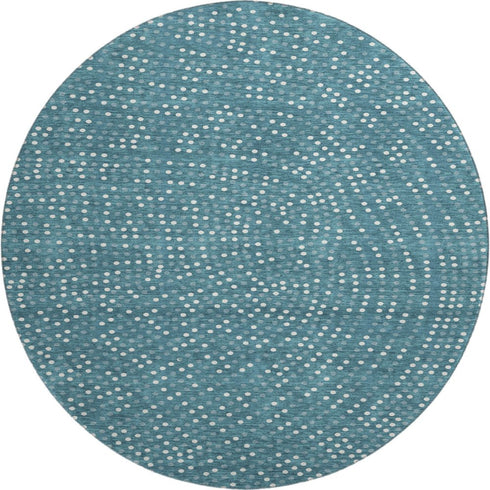 8' Teal And Ivory Polka Dot Washable Round Rug With UV Protection