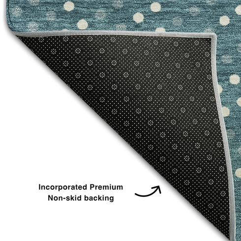 8' Teal And Ivory Polka Dot Washable Round Rug With UV Protection
