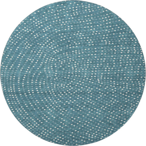 8' Teal And Ivory Polka Dot Washable Round Rug With UV Protection