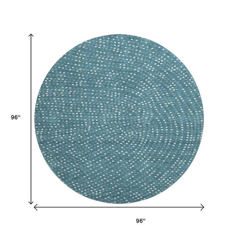 8' Teal And Ivory Polka Dot Washable Round Rug With UV Protection