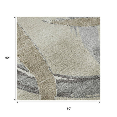 5' X 8' Beige Taupe And Gray Abstract Washable Area Rug With UV Protection
