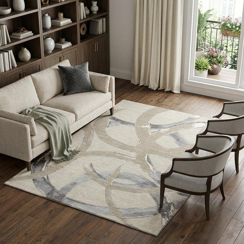 8' X 10' Beige Taupe And Gray Abstract Washable Area Rug With UV Protection