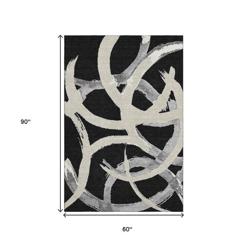 5' X 8' Black Ivory And Gray Abstract Washable Area Rug With UV Protection