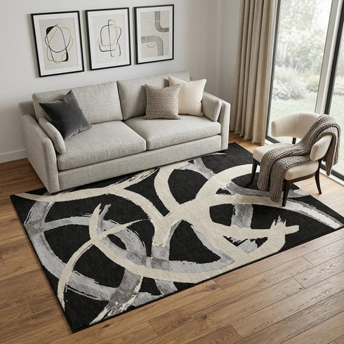 5' X 8' Black Ivory And Gray Abstract Washable Area Rug With UV Protection