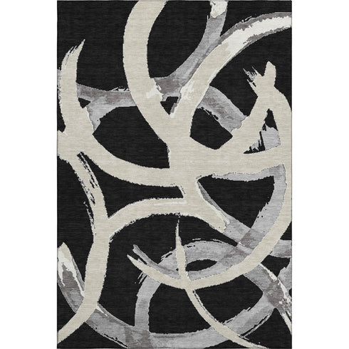 5' X 8' Black Ivory And Gray Abstract Washable Area Rug With UV Protection